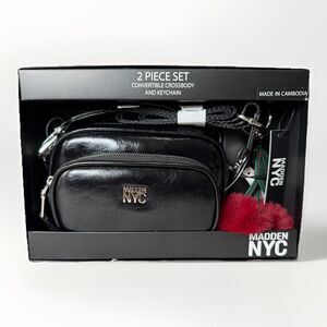 NWT Madden NYC Camera Bag Crossbody & Cherry Keychain Charm Set Black Gift Box